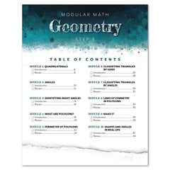 Table of contents for a modular math geometry textbook on a blue and white background
