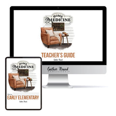 A digital mockup showing a desktop monitor and tablet displaying a homeschool curriculum cover titled 'Home Medicine Teacher's Guide' by Gather Round Homeschool. The cover features an illustration of a brown leather armchair, a medicine shelf, and a small side table on a white wood-textured background.