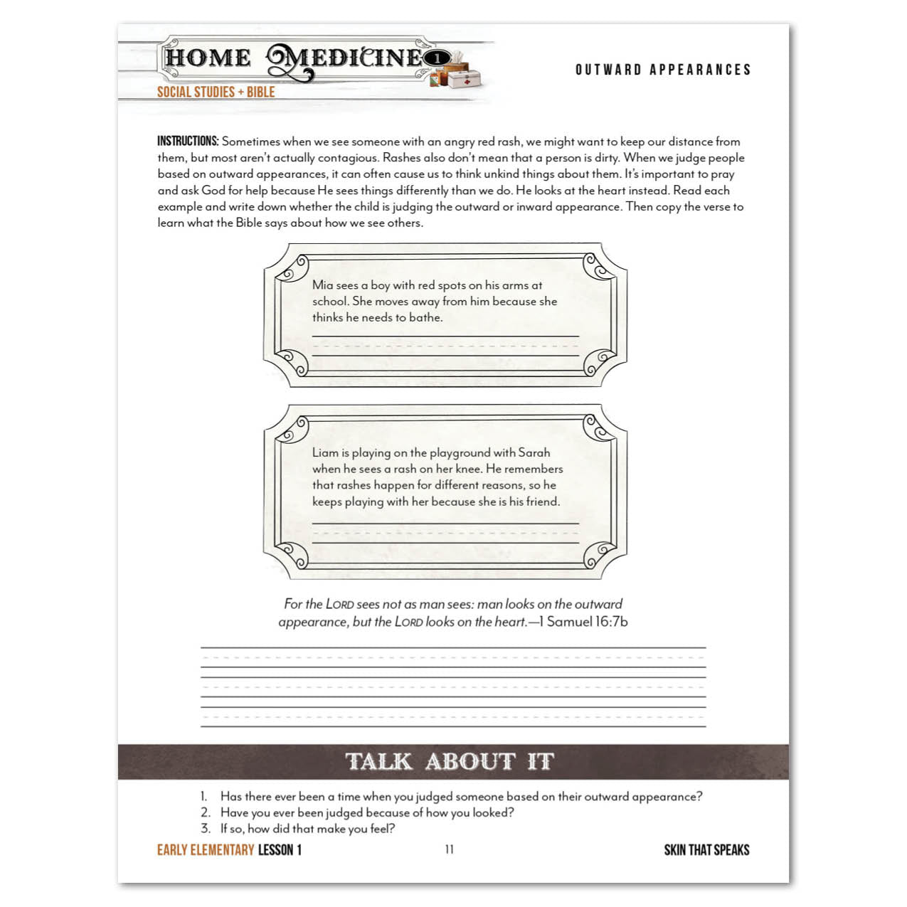 A worksheet titled 'Home Medicine: Social Stories and Bible' with instructional text, decorative text boxes, and a 'Talk About It' section at the bottom, shown on a white background.