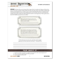 A worksheet titled 'Home Medicine: Social Stories and Bible' with instructional text, decorative text boxes, and a 'Talk About It' section at the bottom, shown on a white background.