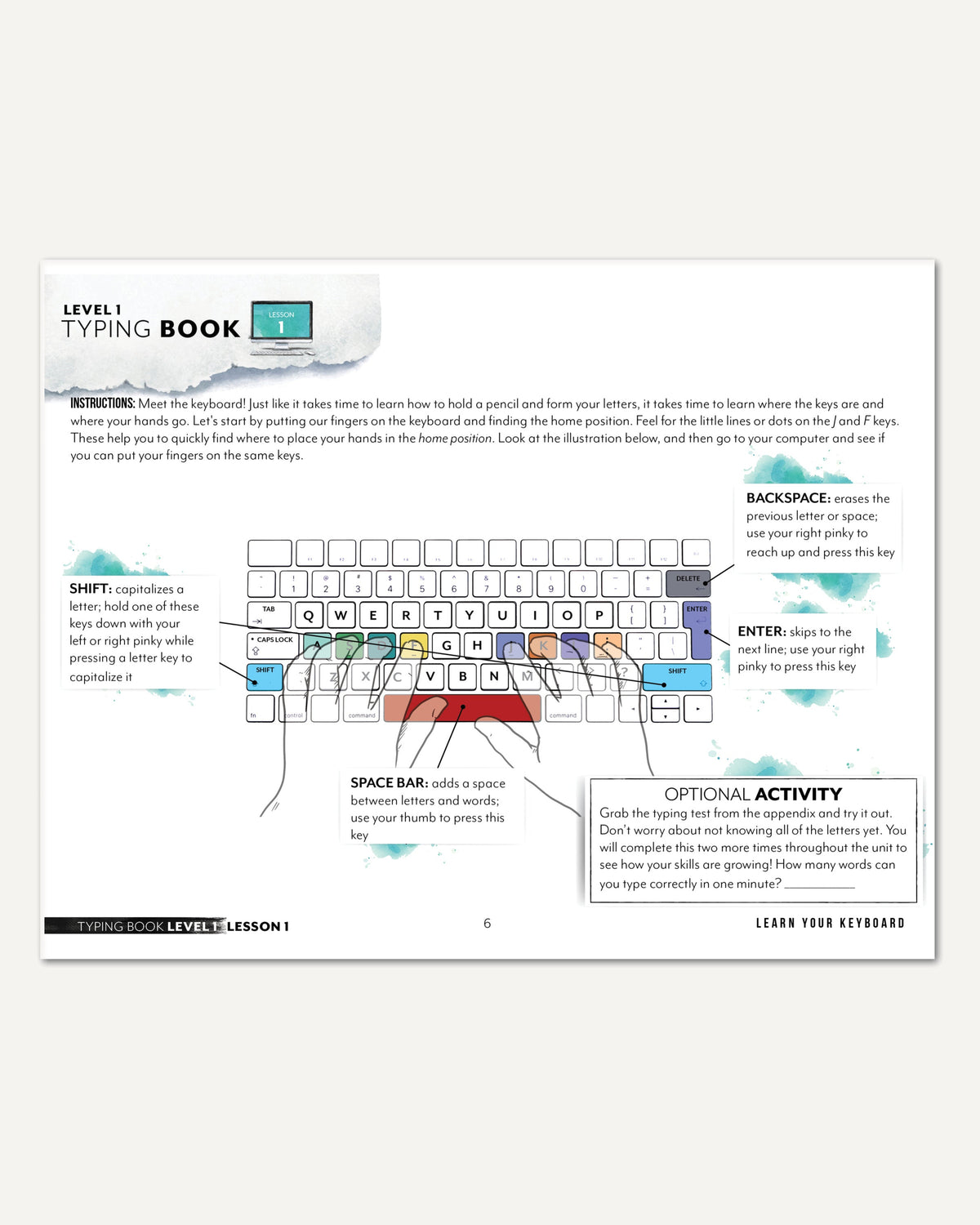 Typing Book Homeschool Unit Study Printed Level 1 Student Book Lesson 1