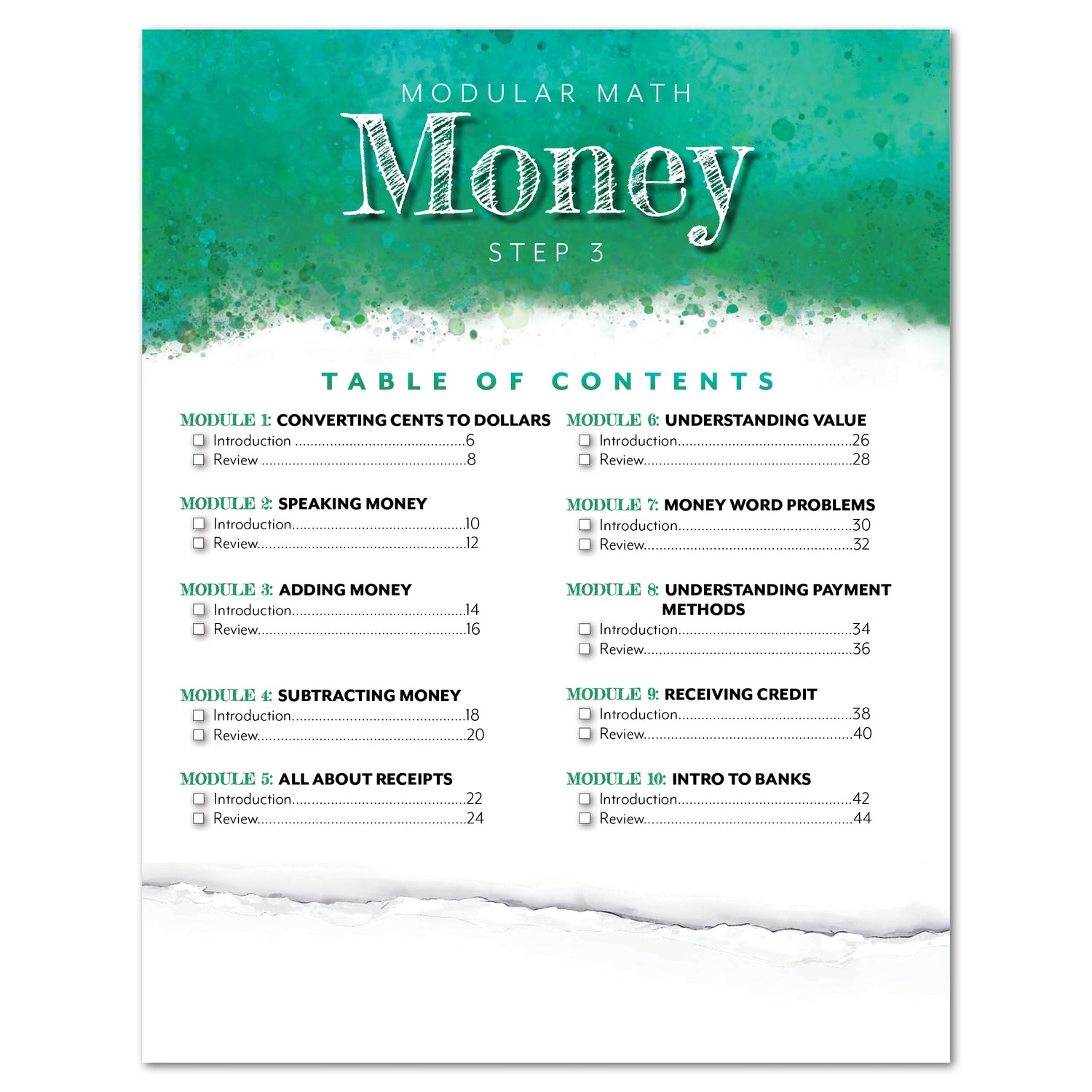 Money Modular Math step 3 printed book table of contents