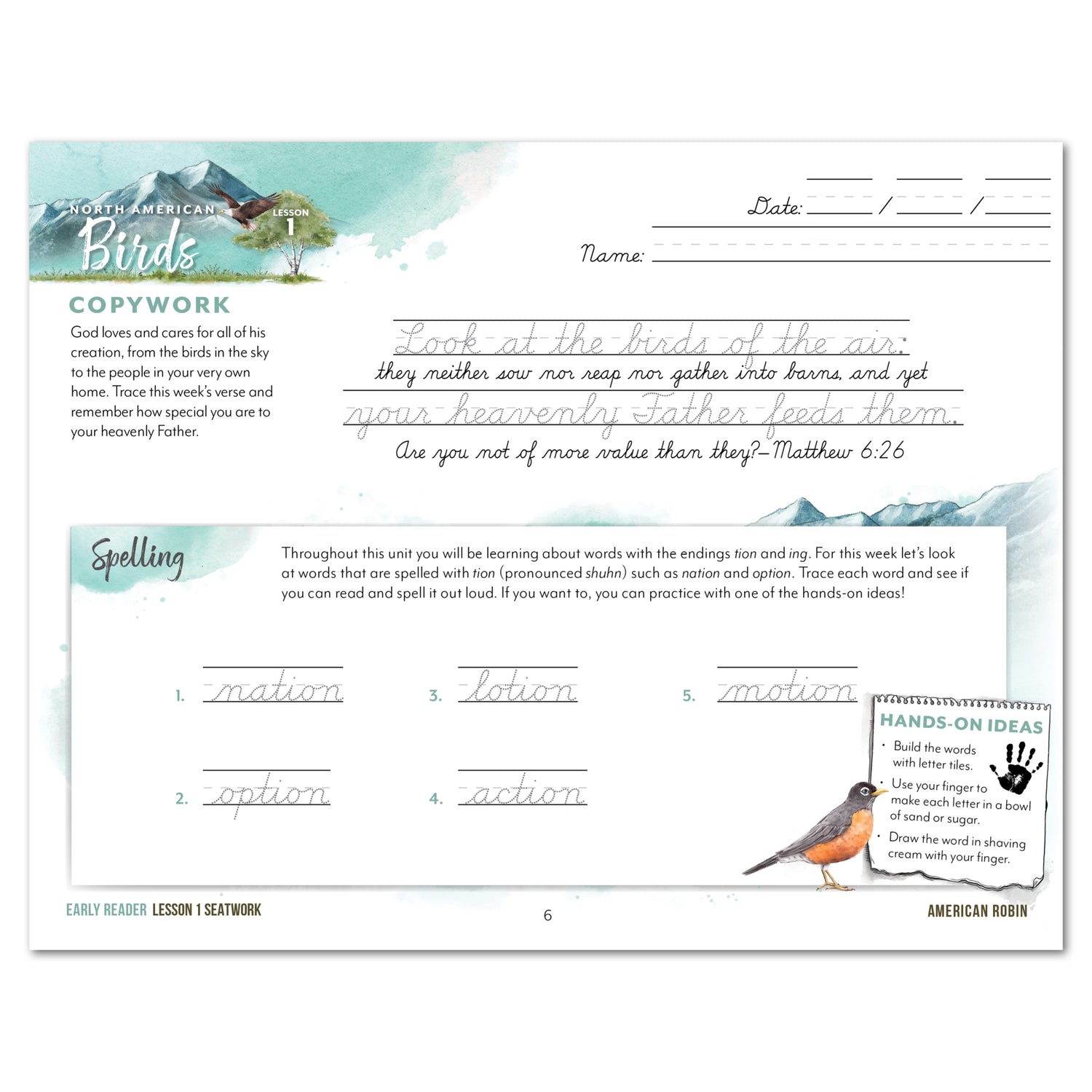 North American Birds part two homeschool unit study print student seatwork journal in cursive for early reader lesson one