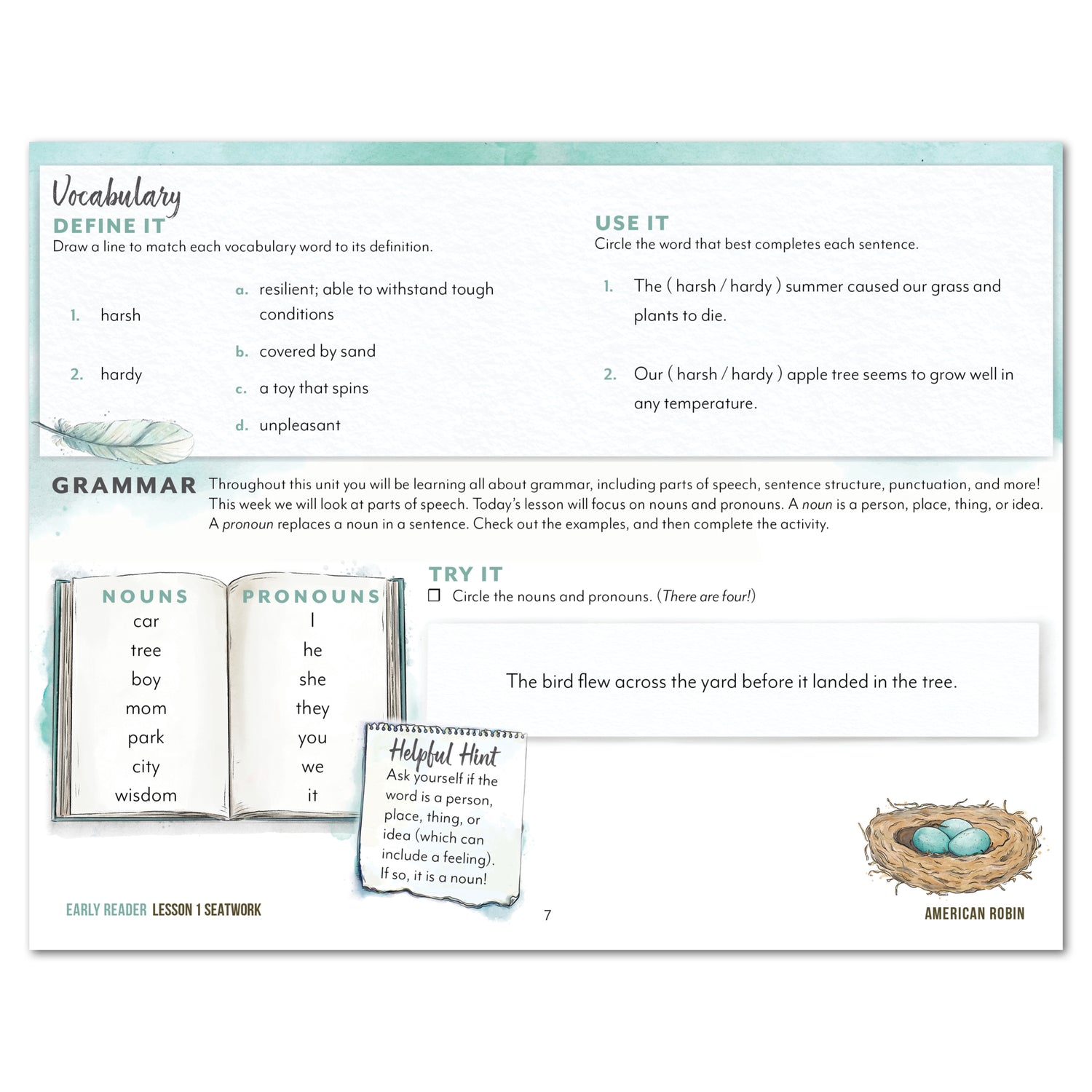 North American Birds part two homeschool unit study digital student seatwork journal in manuscript for early reader lesson one