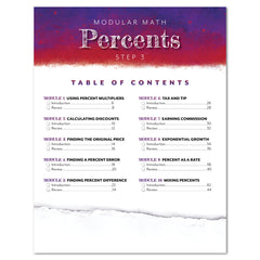 Table of contents page for a modular math curriculum titled 'Percents Step 3,' with a purple-to-white gradient header and black text listing modules on a white background with a torn-paper effect at the bottom.