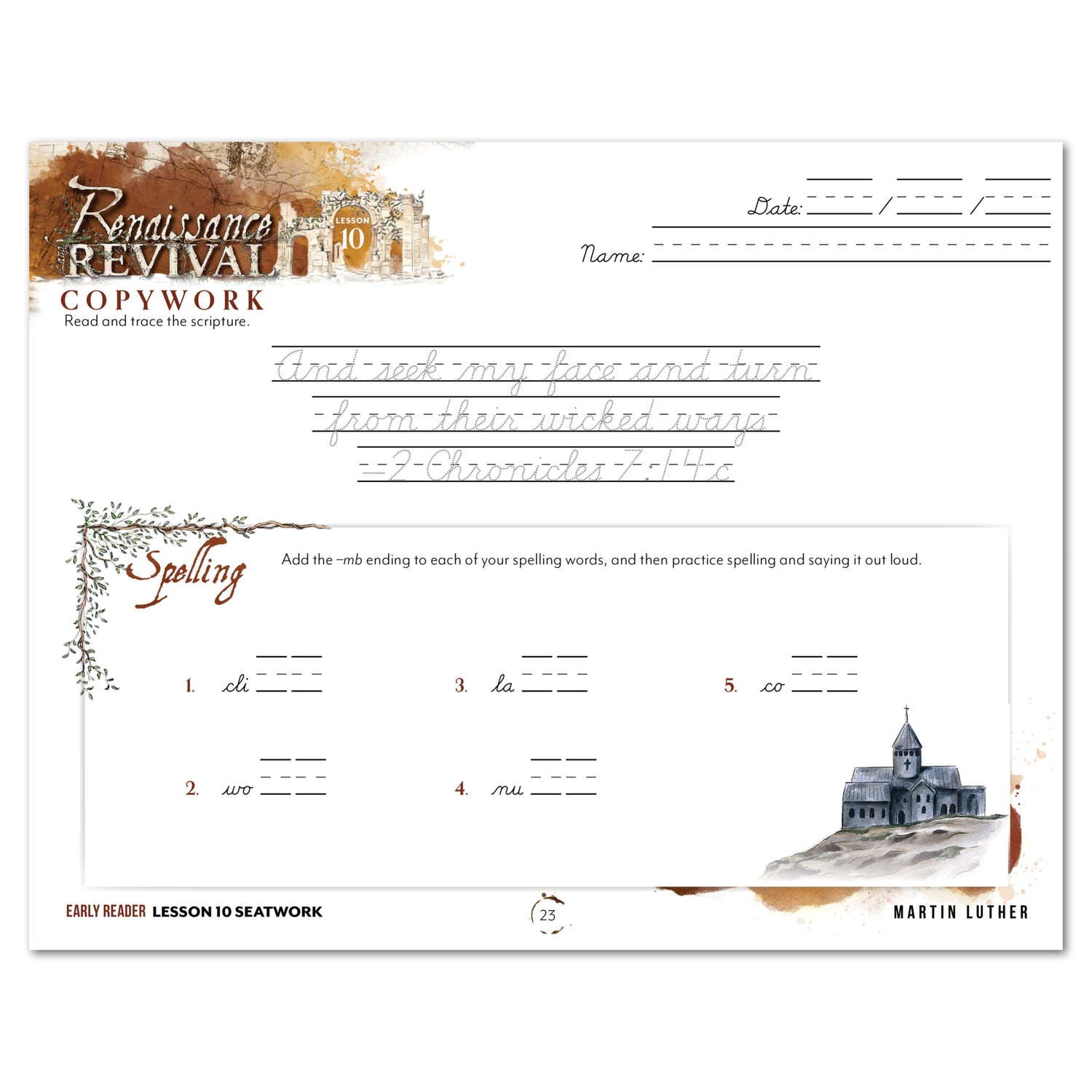 Renaissance and Revival Homeschool Unit Study Digital Seatwork Journal Cursive Early Reader Lesson 10  Copywork and Spelling