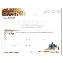 Renaissance and Revival Homeschool Unit Study Printed Seatwork Journal Cursive Early Reader Lesson 10 Copywork and Spelling