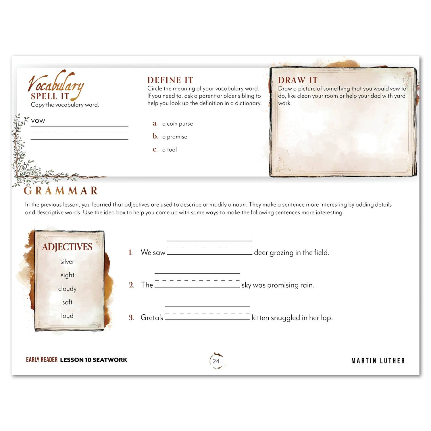 Renaissance and Revival Homeschool Unit Study Printed Seatwork Journal Manuscript Early Reader Lesson 10 Vocabulary and Gramma