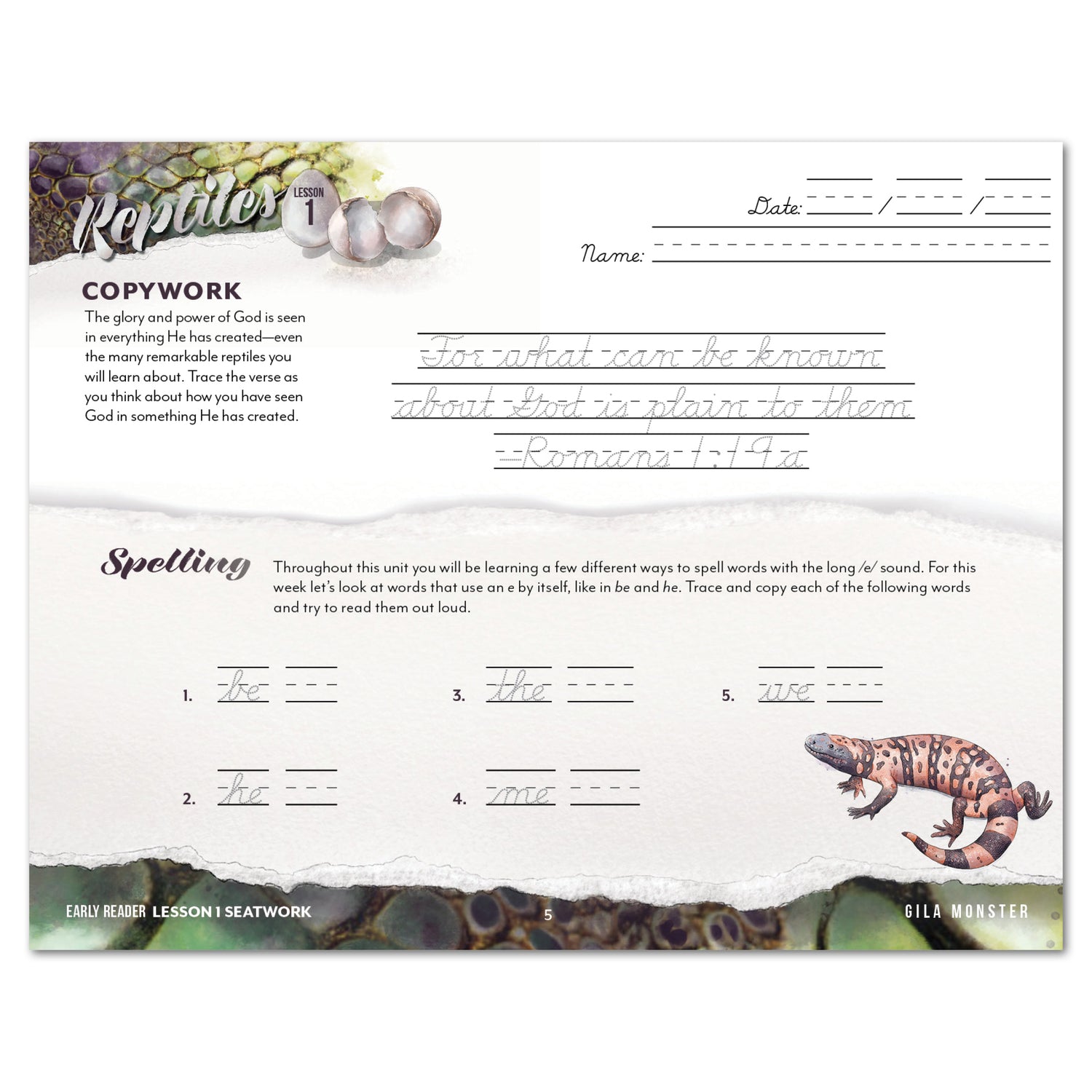 Reptiles homeschool unit study printed student seatwork journal in cursive for Early Reader worksheet 