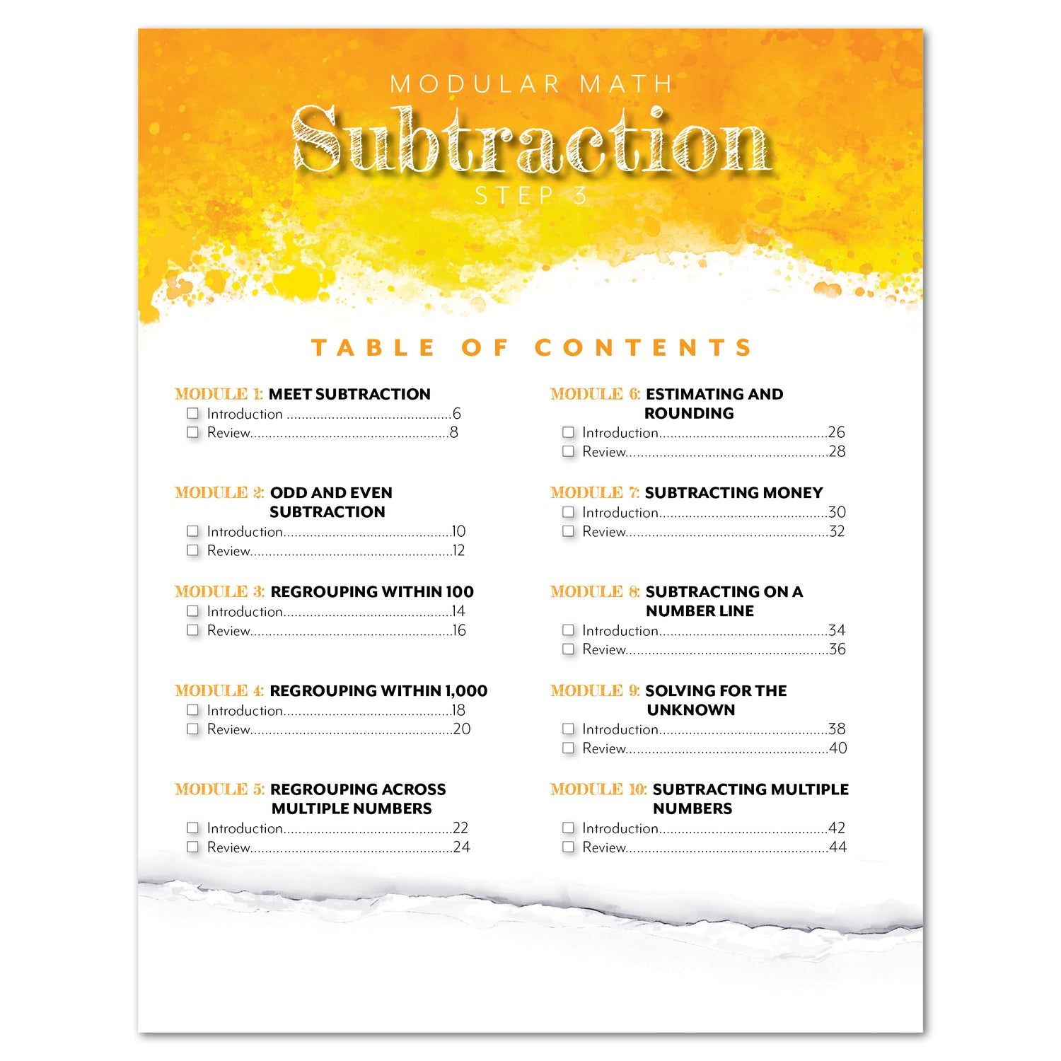 Subtraction Modular Math step 3 printed book table of contents