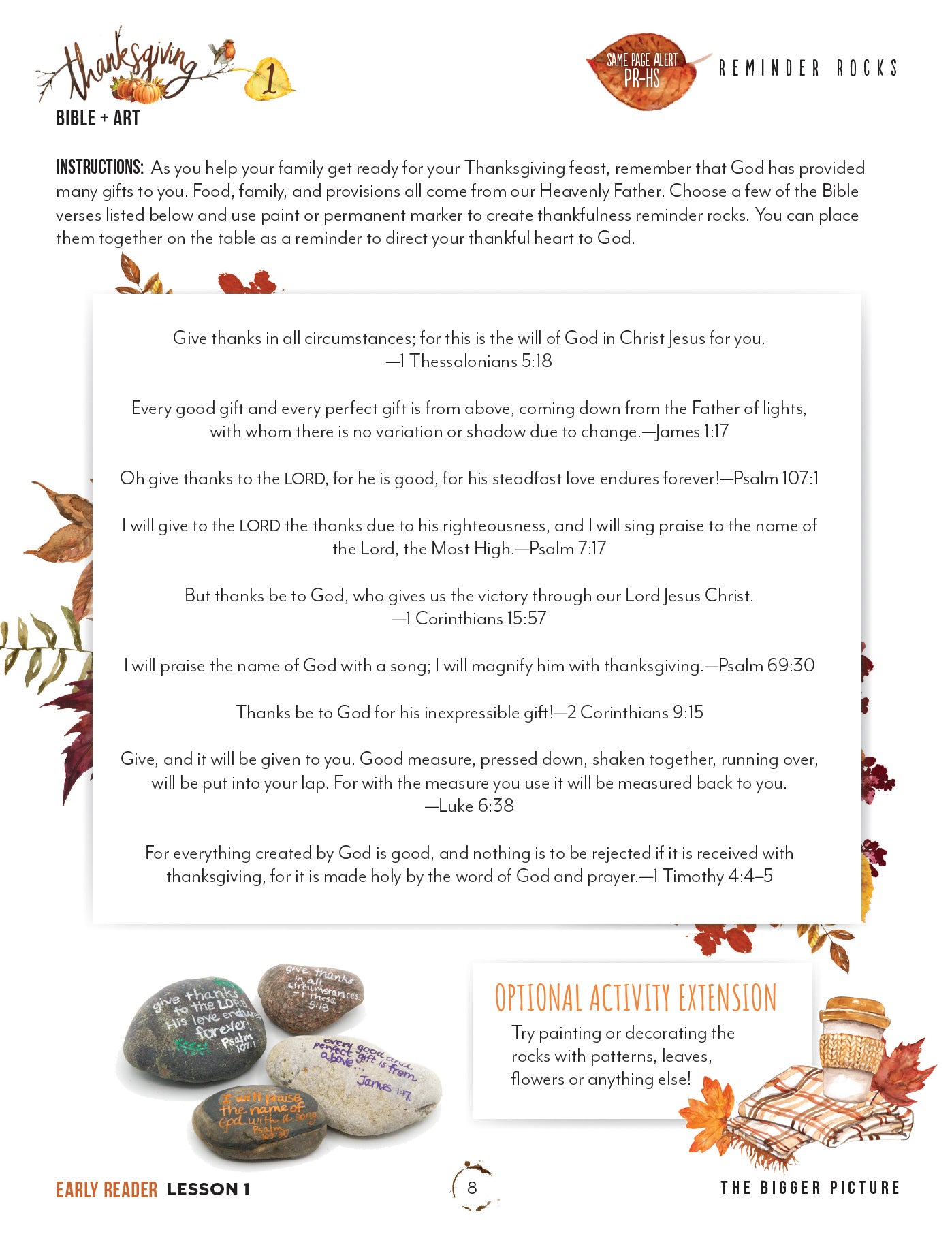 Thanksgiving Homeschool Unit Study Printed Early Reader Student Book Lesson 1 Reminder Rocks