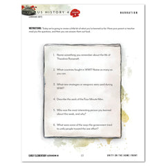 US History 4 Language Arts Early Elementary Lesson B worksheet featuring a central white card with six questions about Theodore Roosevelt and World War I, set against a white background with watercolor-style gold and brown accents.