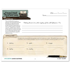 Unsolved Mysteries Homeschool Unit Study Printed Seatwork Journal Cursive Upper Elementary Lesson 1 Copywork and Spelling