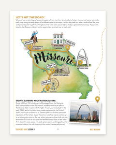 Illustrated map of Missouri featuring key locations in the state.