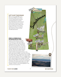 Teacher's guide page for a Saskatchewan lesson, featuring a stylized map outline of the province with labeled cities and parks, accompanied by text blocks and small illustrations of local animals.