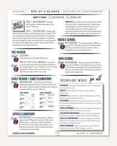 US Government Homeschool Study Unit Digital Print Teacher's Guide Lesson 1 Day At a Glance