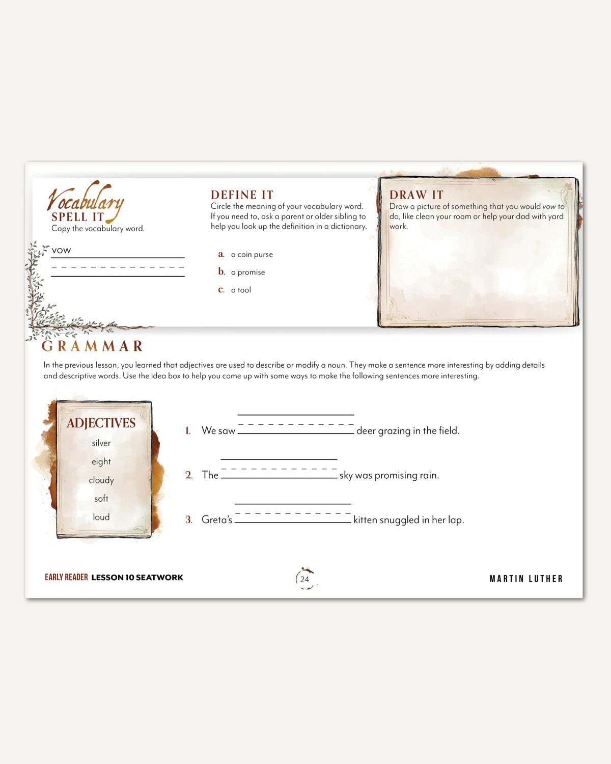 Renaissance and Revival Homeschool Unit Study Digital Seatwork Journal Manuscript Early Reader Lesson 10 Vocabulary and Grammar