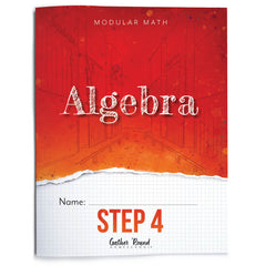 Book cover for Algebra Step 4. The cover has a red-to-orange gradient upper section with white text, a torn-paper effect, and a white grid-pattern lower section.