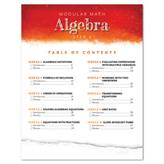 A table of contents page for a Modular Math Algebra Step 4 educational booklet, featuring a red and orange textured header, black text on a white page, and a torn-paper effect at the bottom.