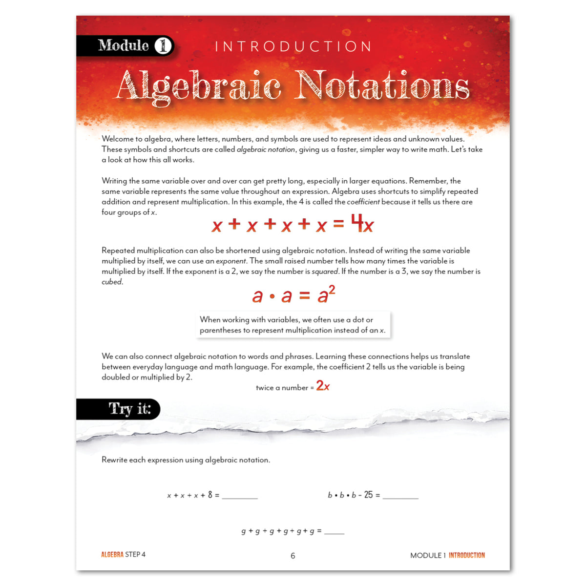 An educational worksheet titled 'Algebraic Notations' with text, examples, and a 'Try it' exercise on a white page with a red and orange header.
