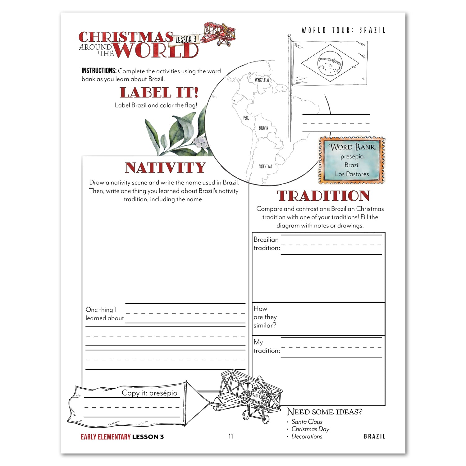 Christmas Around the World Homeschool Unit Study Printed Early Elementary Student Book Lesson 3 World Tour: Brazil