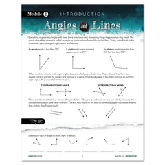 Educational page about angles and lines with text and diagrams on a blue and white background.