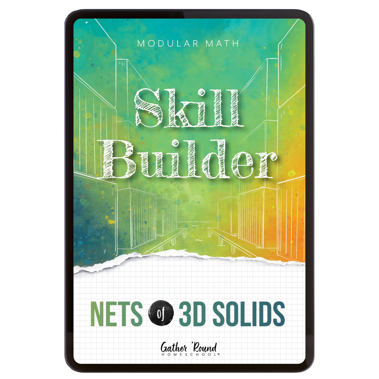 Digital book cover of 'Skill Builder: Nets of 3D Solids' by Gather Round Homeschool on a white background