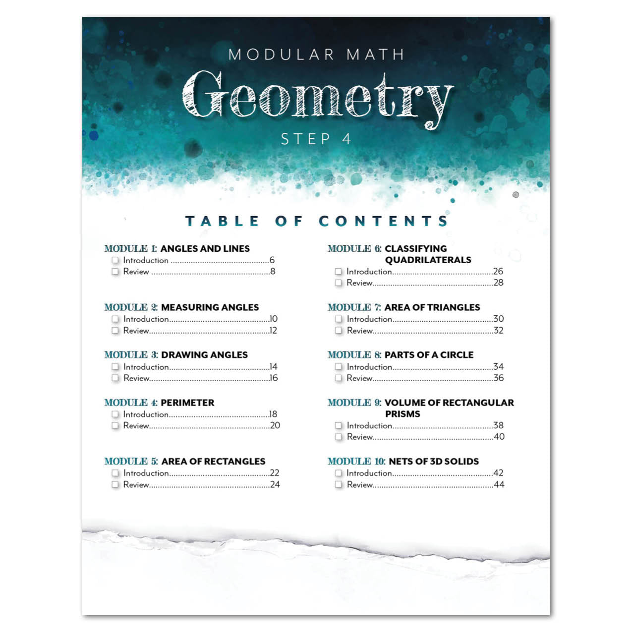 Table of contents for a mathematics workbook titled 'Modular Math Geometry Step 4' with a blue and white design.