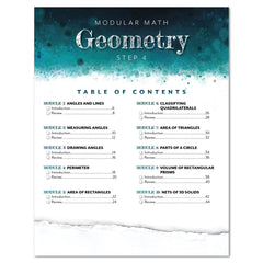 Table of contents for a mathematics workbook titled 'Modular Math Geometry Step 4' with a blue and white design.