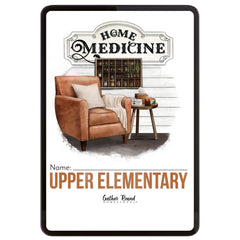 Digital cover for 'HOME MEDICINE Upper Elementary' unit, features a brown armchair and small side table in the center. 