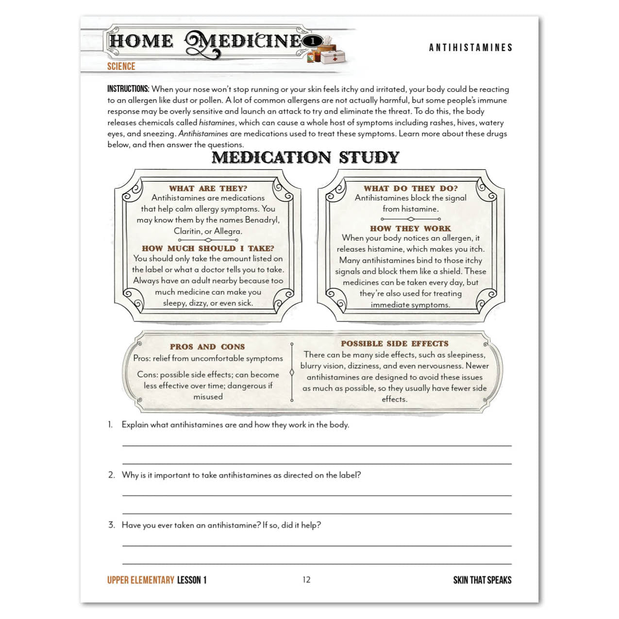 An educational worksheet page titled 'Home Medicine: Science' focusing on 'Antihistamines' and 'Medication Study'. The page features text definitions in decorative frames, a section on 'Pros and Cons', and a line for 'Explain what antihistamines are and how they work in the body'.