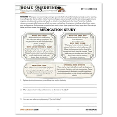 An educational worksheet page titled 'Home Medicine: Science' focusing on 'Antihistamines' and 'Medication Study'. The page features text definitions in decorative frames, a section on 'Pros and Cons', and a line for 'Explain what antihistamines are and how they work in the body'.