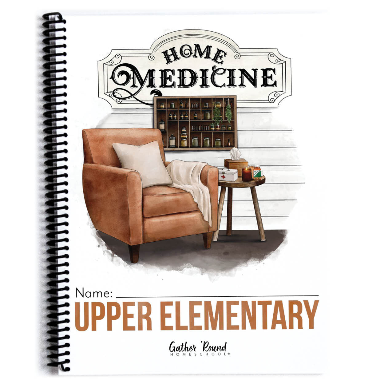 Cover for 'HOME MEDICINE Upper Elementary' unit, features a brown armchair and small side table in the center. 