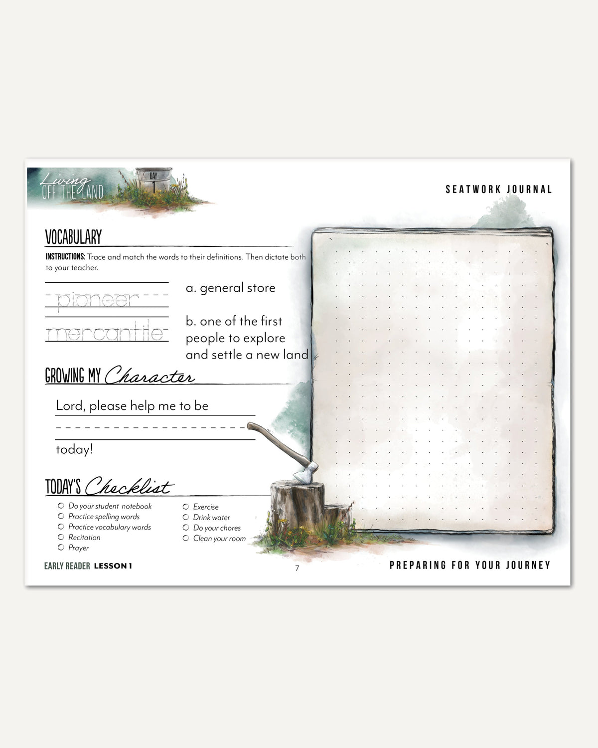 Living Off the Land homeschool unit seatwork journal digital early reader student notebook in manuscript lesson one