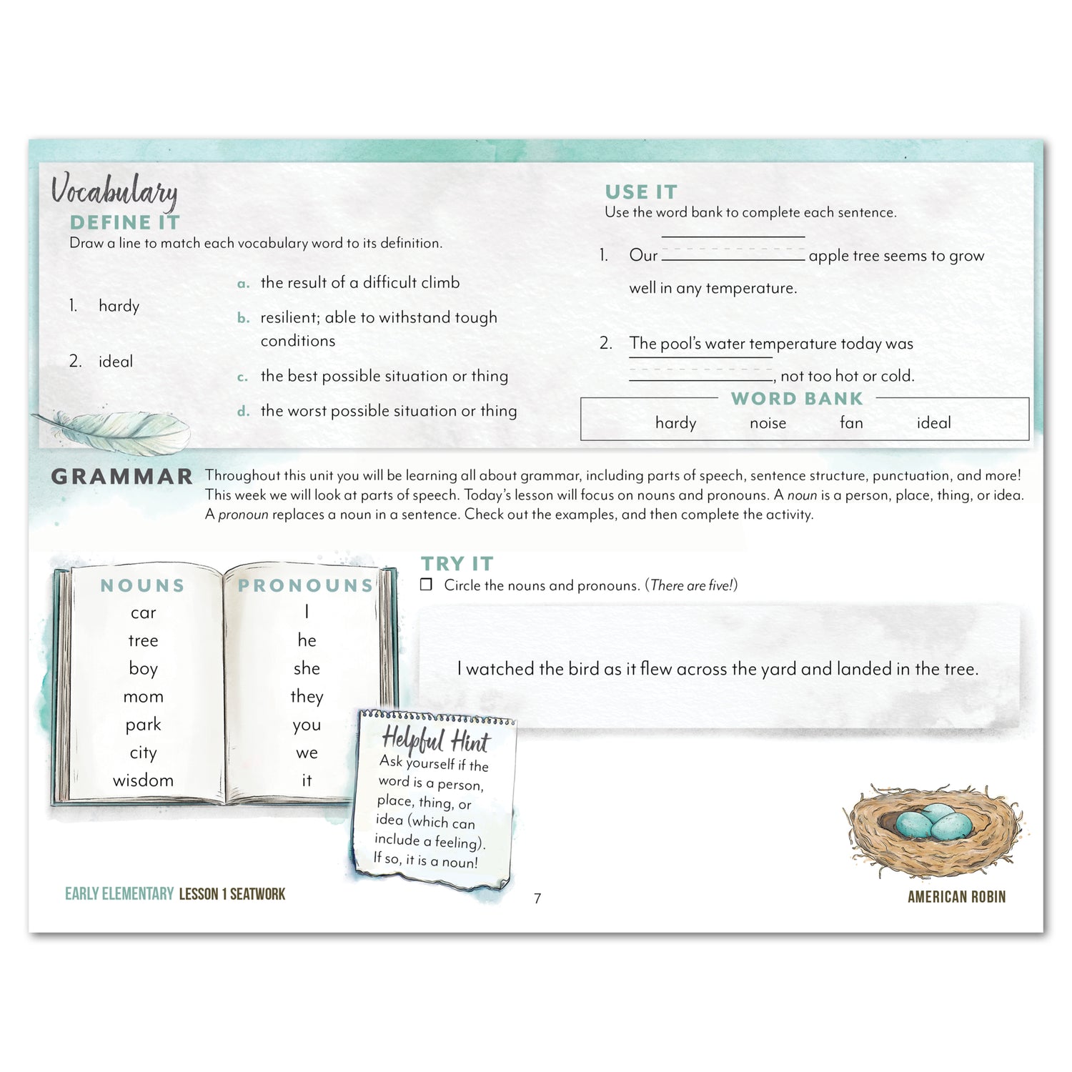 North American Birds part two homeschool unit study digital student seatwork journal in manuscript for early elementary lesson one