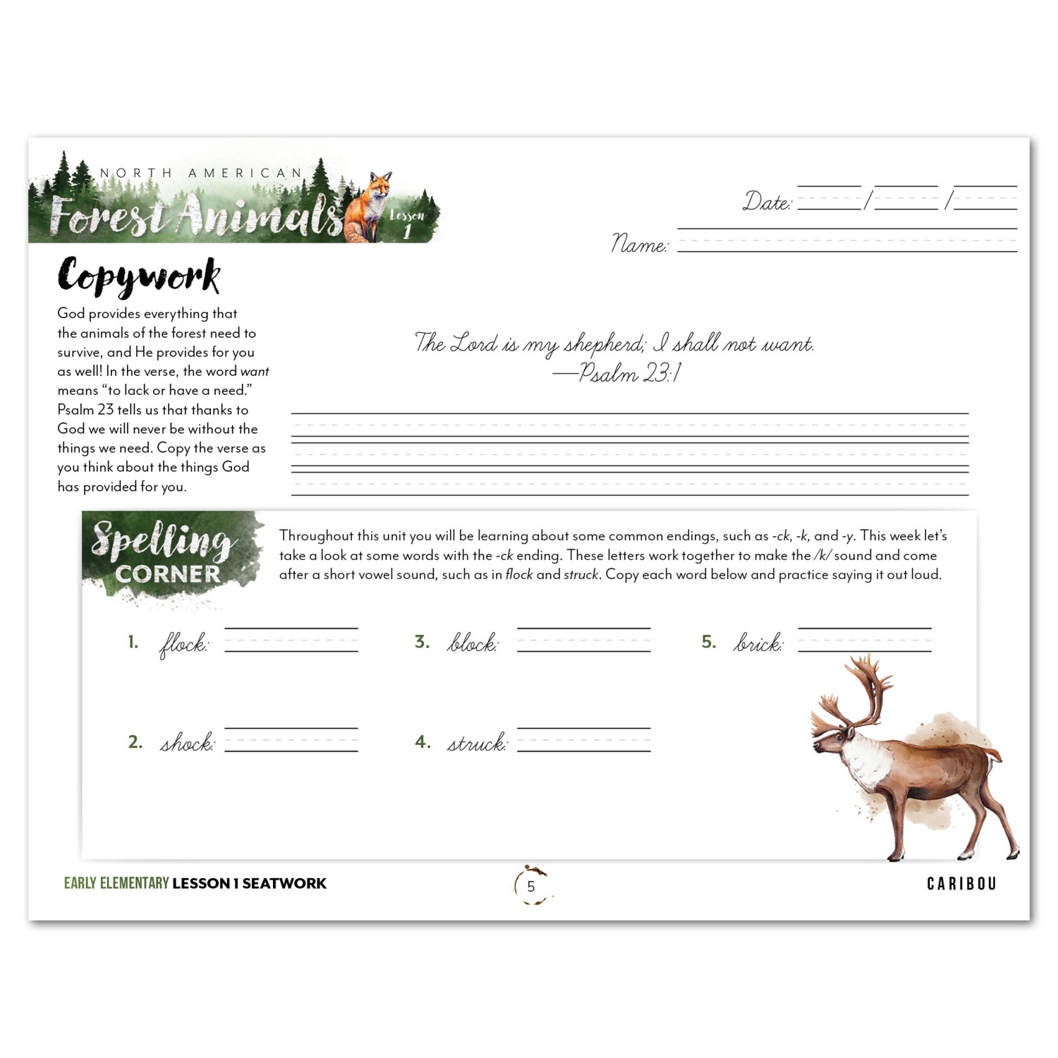 North American Forest Animals homeschool unit study print student seatwork journal in cursive for early elementary lesson one