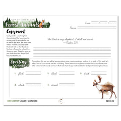 North American Forest Animals homeschool unit study print student seatwork journal in cursive for early elementary lesson one
