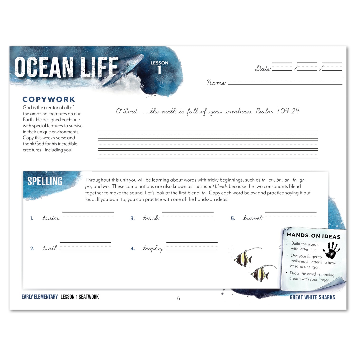 Ocean Life homeschool unit study digital seatwork journal in cursive for early elementary worksheet