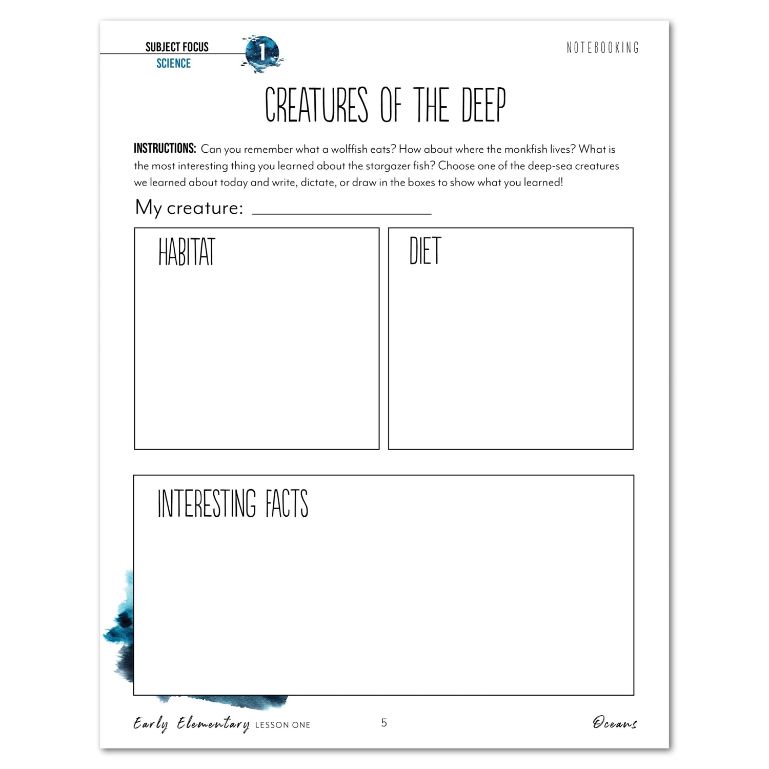 Oceans homeschool unit study print student workbook for early elementary creatures of the deep 
