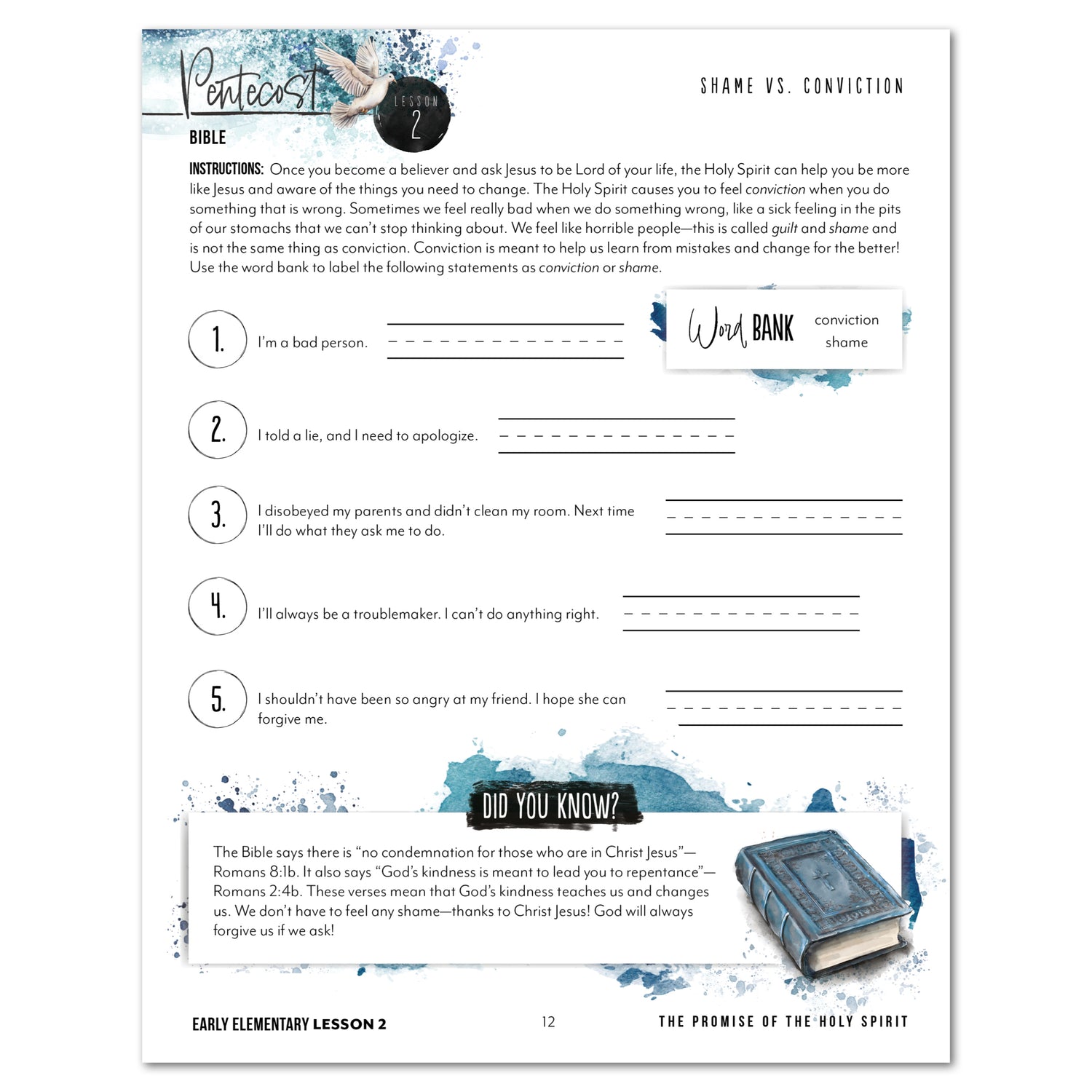 Pentecost Homeschool Unit Study Digital Early Elementary Student Book Lesson 2 Shame Vs Conviction