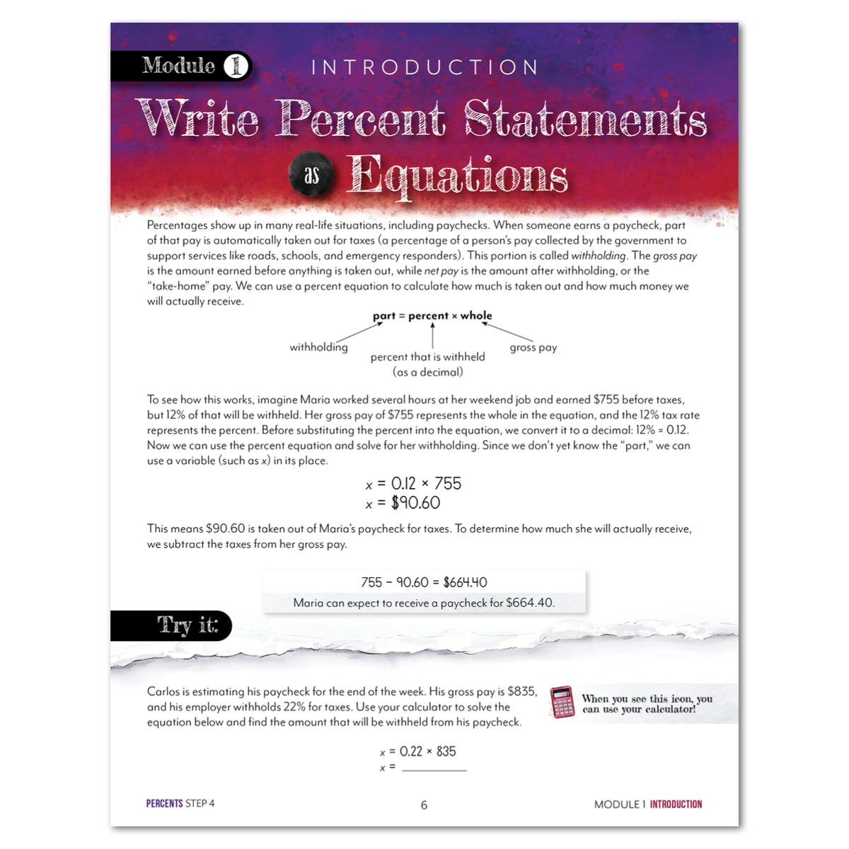 A printed educational worksheet titled 'Write Percent Statements as Equations' with a red and purple header, black text, a 'Module 1' label, a 'Try it' section, and torn paper graphics at the bottom.