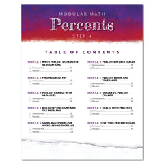 Table of contents page for a modular math curriculum titled 'Percents Step 4,' with a purple-to-white gradient header and black text listing modules on a white background with a torn-paper effect at the bottom.