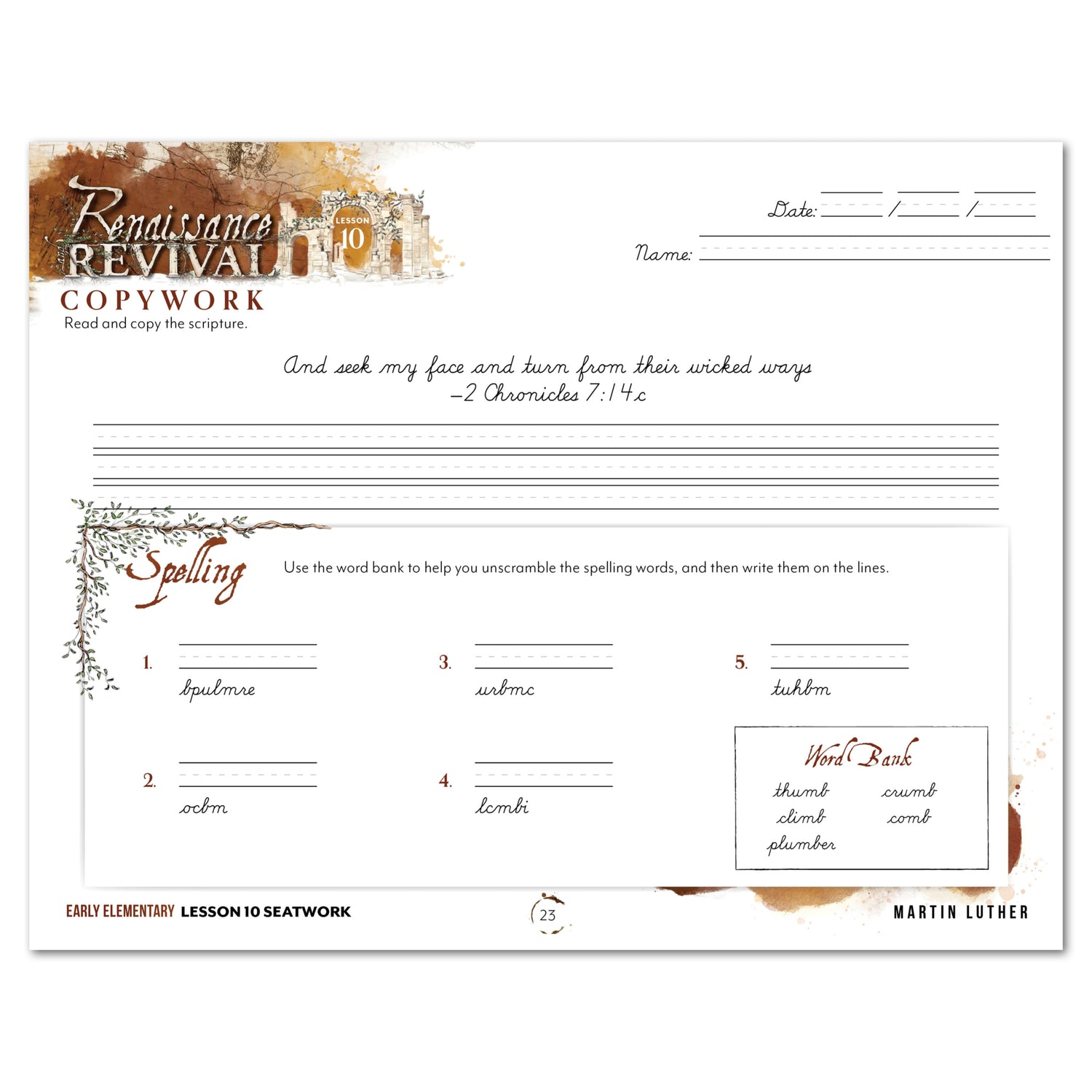 Renaissance and Revival Homeschool Unit Study Digital Seatwork Journal Cursive Early Elementary Lesson 10  Copwork and Spelling