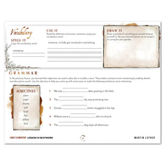 Renaissance and Revival Homeschool Unit Study Printed Seatwork Journal Manuscript Early Elementary Lesson 10 Vocabulary and Grammar