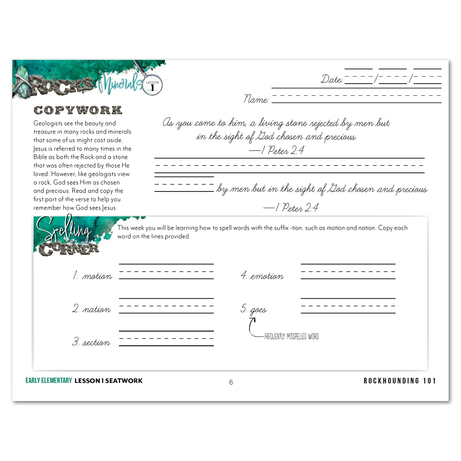 Rocks + Minerals homeschool unit study printed student seatwork journal in cursive for Early Elementary worksheet