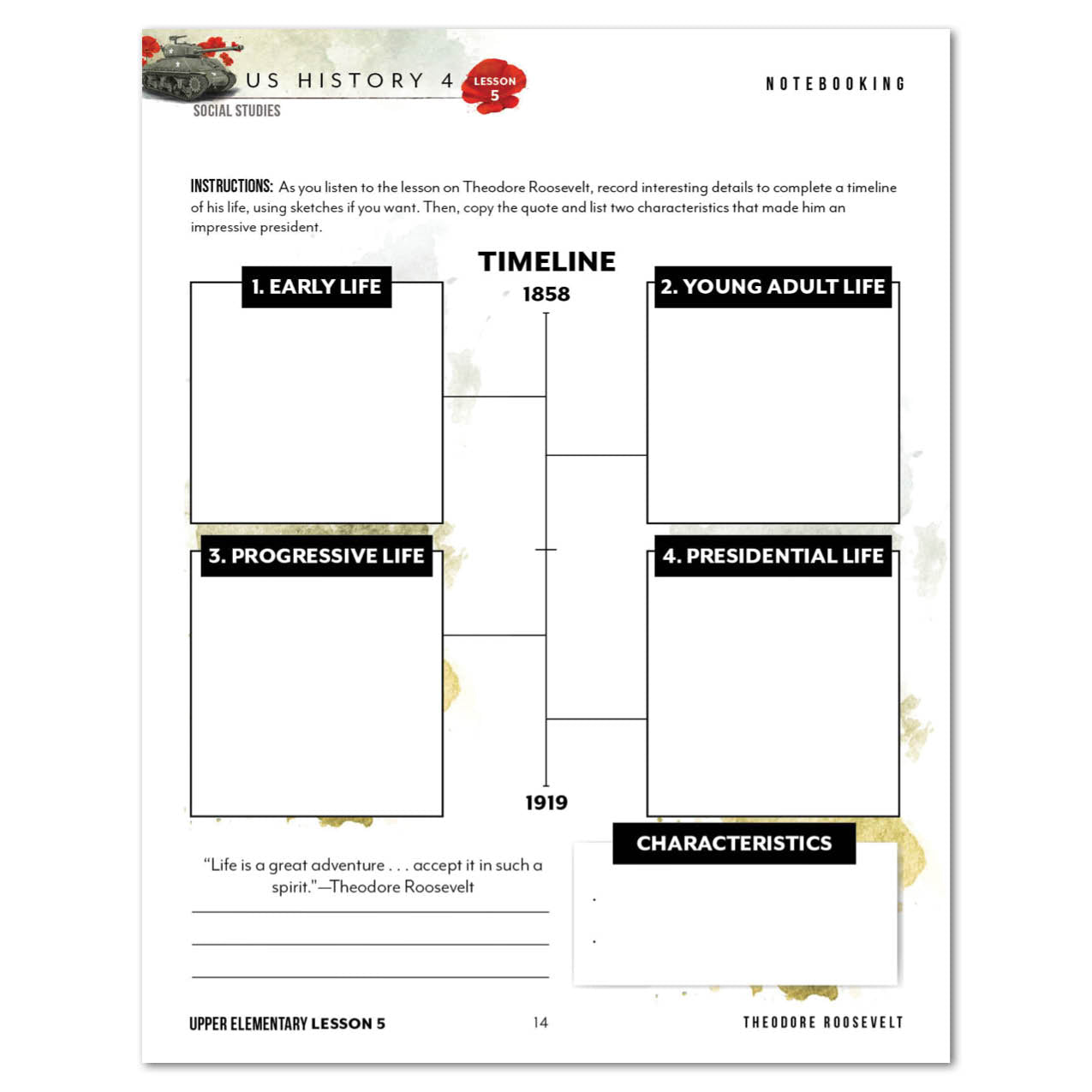A US History 4 notebook page featuring a Theodore Roosevelt timeline activity. 