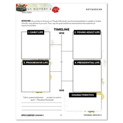 A US History 4 notebook page featuring a Theodore Roosevelt timeline activity. 