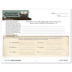 Unsolved Mysteries Homeschool Unit Study Printed Seatwork Journal Cursive Middle School Lesson 1 Copywork and Spelling