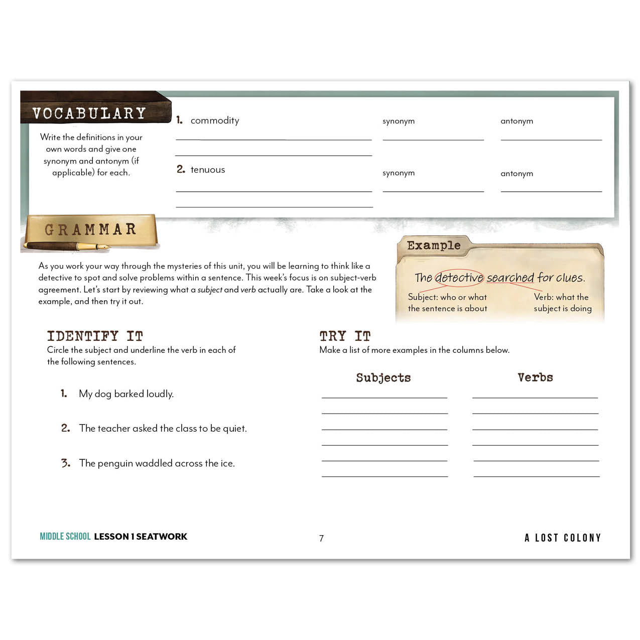 Unsolved Mysteries Homeschool Study Unit Digital Seatwork Journal Manuscript Middle School Lesson 1 Vocabulary and Grammar