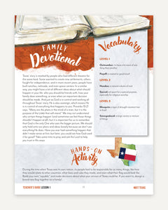 Educational page with orange and brown decorative graphics, a large title reading 'Family Devotional,' a short text excerpt, a 'Vocabulary' section, and a 'Hands on Activity' panel with a small illustration of Texas and state flag. 